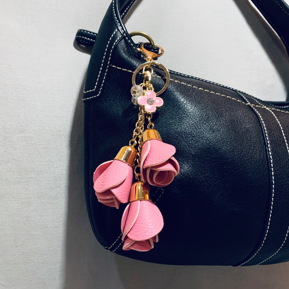 Light Pink Leather Rose & Bling Bag Charm Keychain